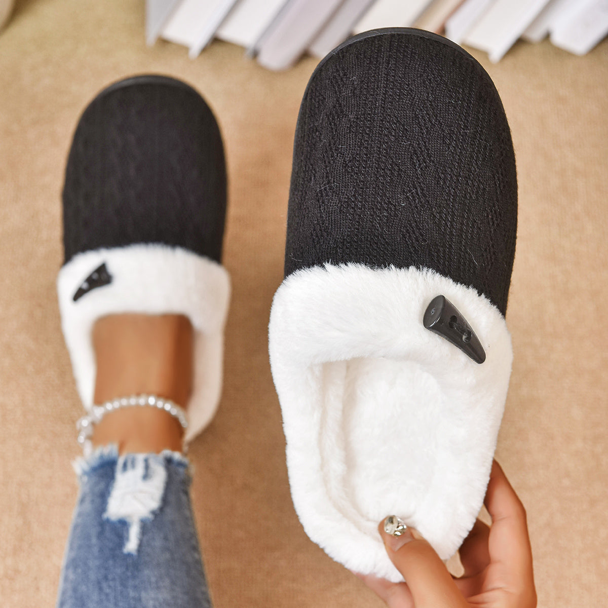 Indoor plush slippers with fleece lining for warmth