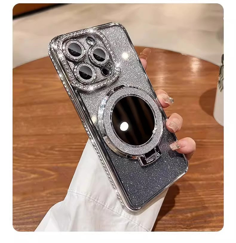 📲✨Ochranné pouzdro na iPhone s make-up zrcadlem a gradientními třpytkami