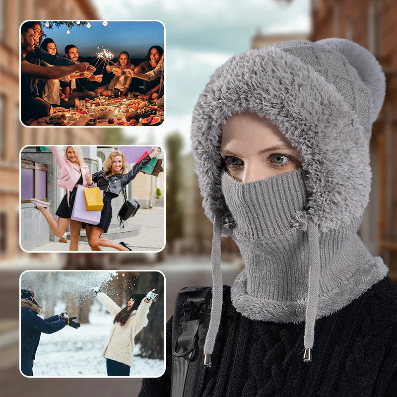 【Kup 1, získej 1 zdarma】🔥🔥🔥stylová, hrubá pletená zimní čepice s teplou pokrývkou obličeje a šátkem🧣
