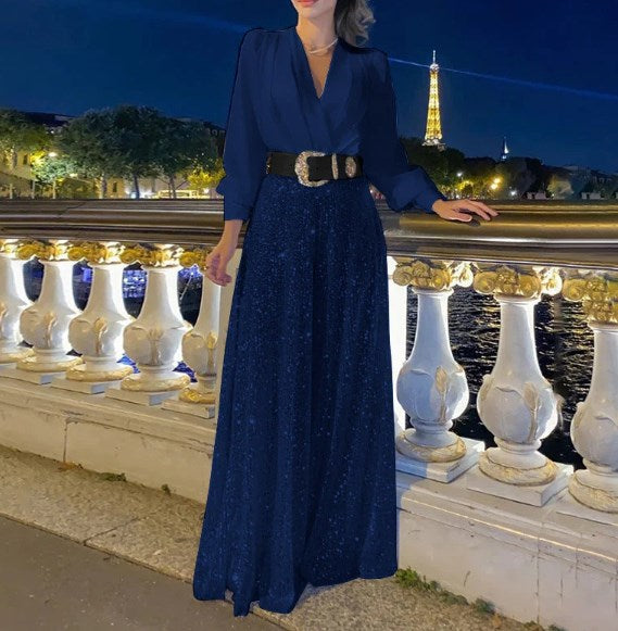 Elegantní halenka s dlouhým rukávem a výstřihem do V a flitrované overalové kalhoty se širokými nohavicemi