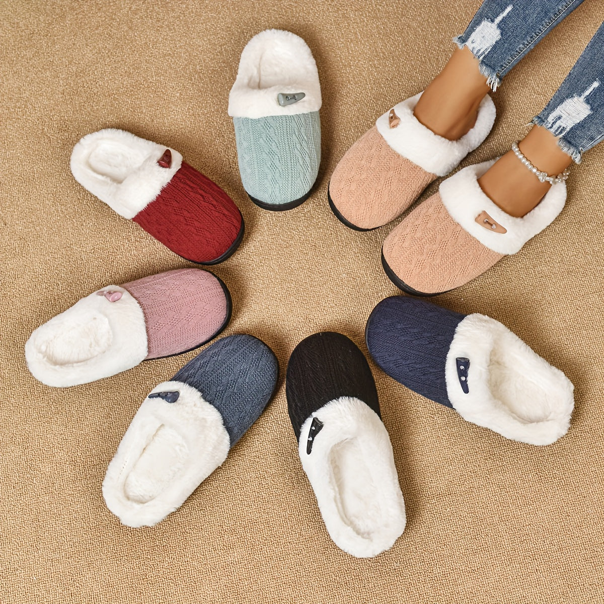 Indoor plush slippers with fleece lining for warmth