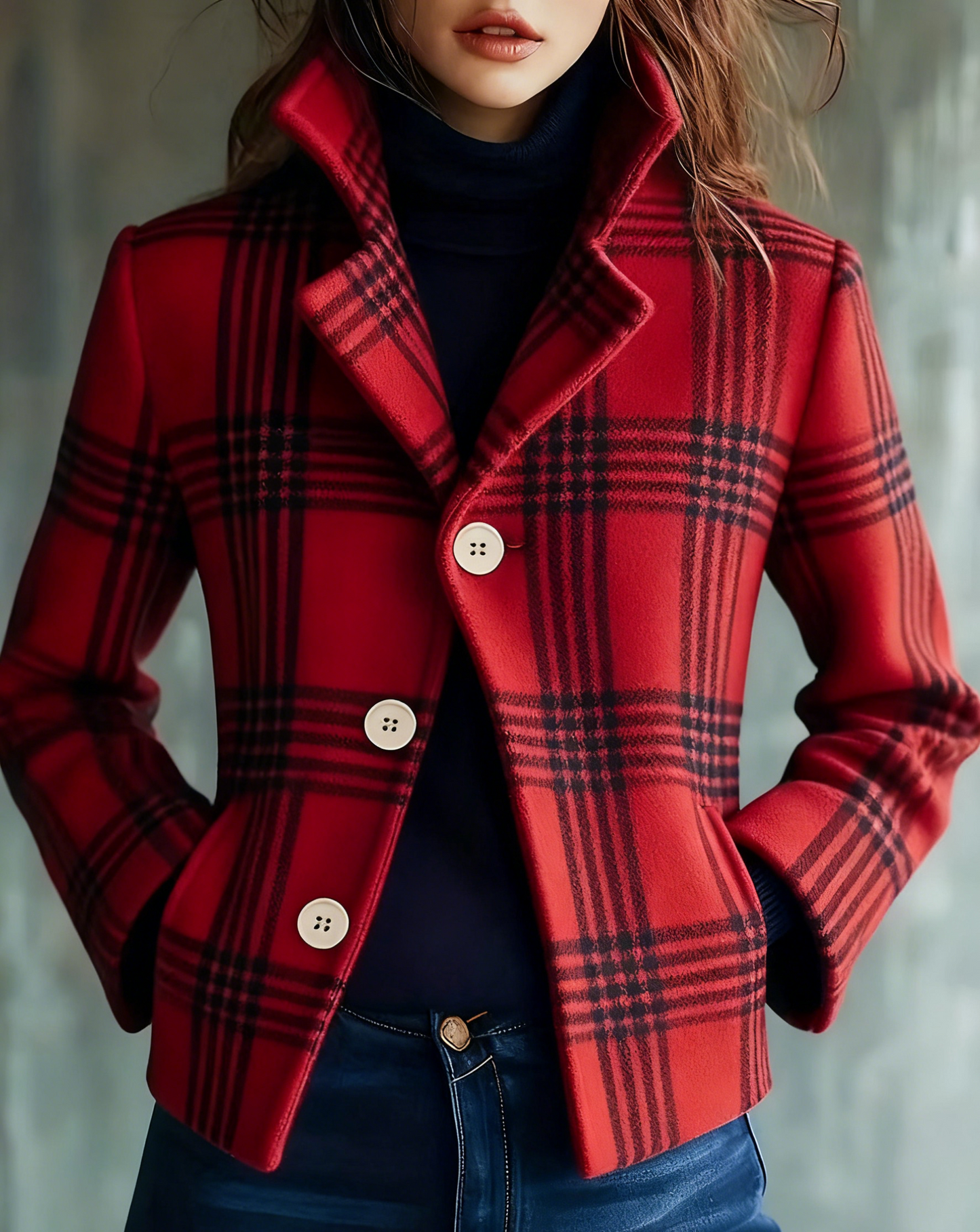 Vintage kostkovaný krátký kabát z vlněné směsi🍀