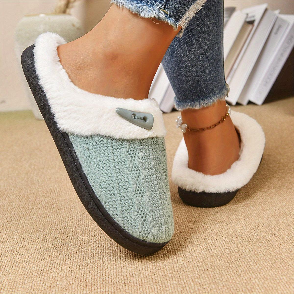 Indoor plush slippers with fleece lining for warmth