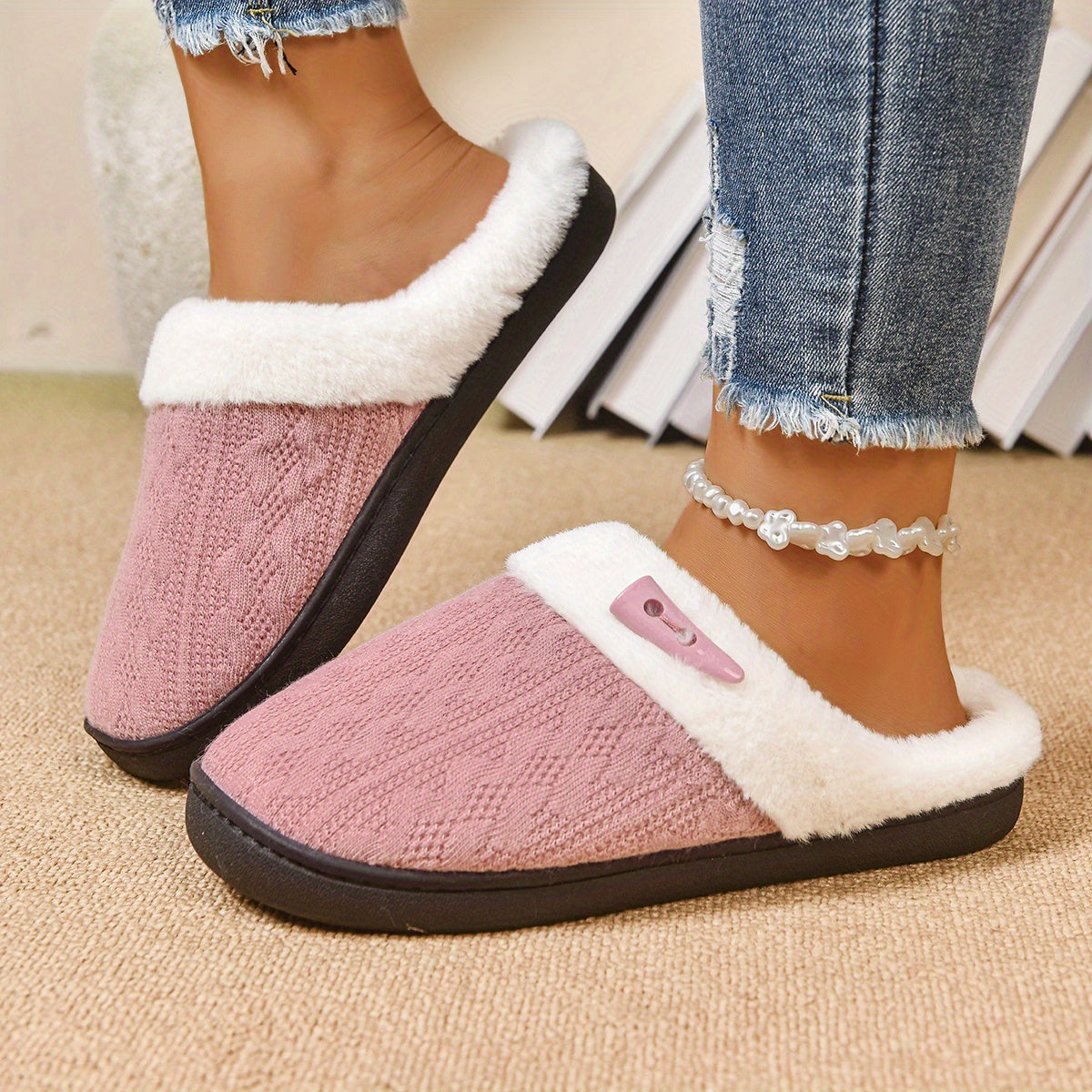 Indoor plush slippers with fleece lining for warmth
