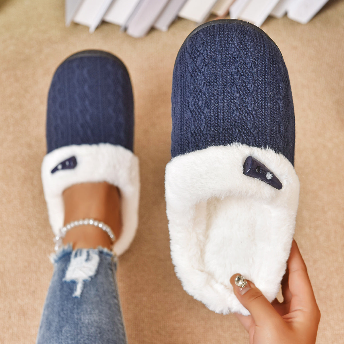 Indoor plush slippers with fleece lining for warmth