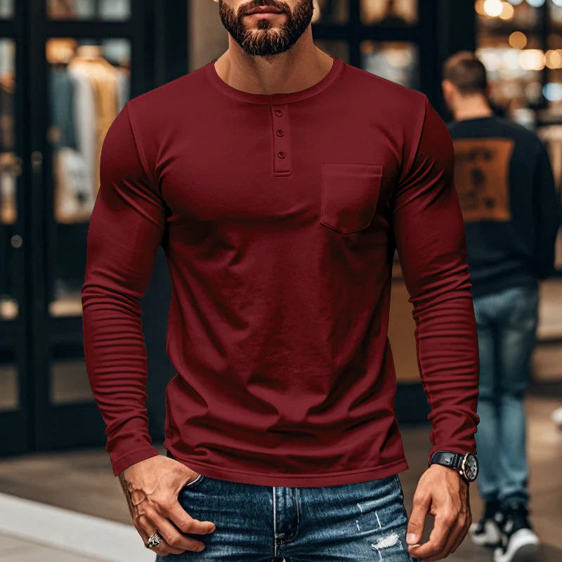 Pánské tričko s dlouhým rukávem – prodyšný polyester, zapínání na knoflíky, náprsní kapsa, pohodlný střih, snadná údržba, každodenní styl