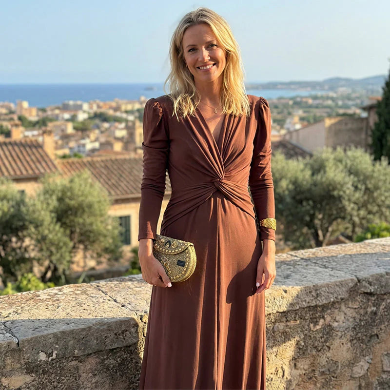 Rochie lungă elegantă pentru femei, cu decolteu în V și față răsucită