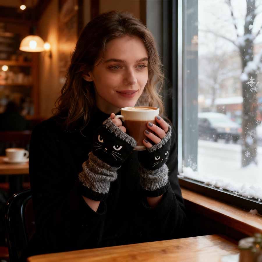 Bezprstové rukavice s výšivkou kočky – teplé a stylové na zimu 🧤
