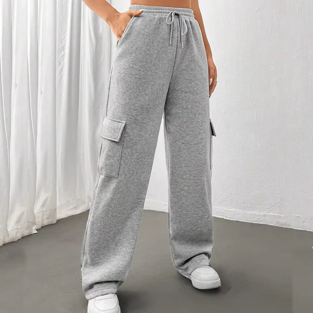Módní univerzální jednobarevné tepláky s rovnými nohavicemi a širokými nohavicemi s bočními kapsami👖