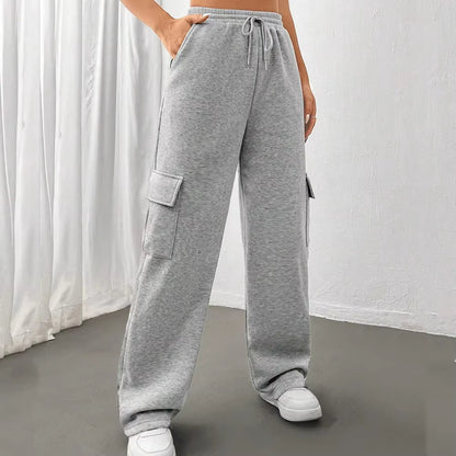 Módní univerzální jednobarevné tepláky s rovnými nohavicemi a širokými nohavicemi s bočními kapsami👖
