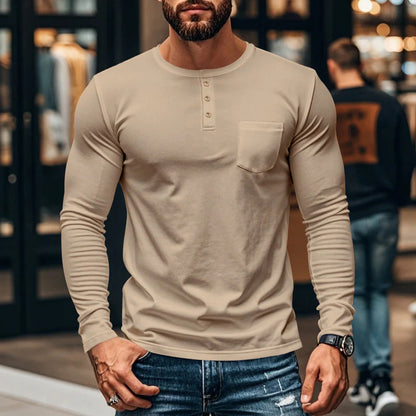 Pánské tričko s dlouhým rukávem – prodyšný polyester, zapínání na knoflíky, náprsní kapsa, pohodlný střih, snadná údržba, každodenní styl
