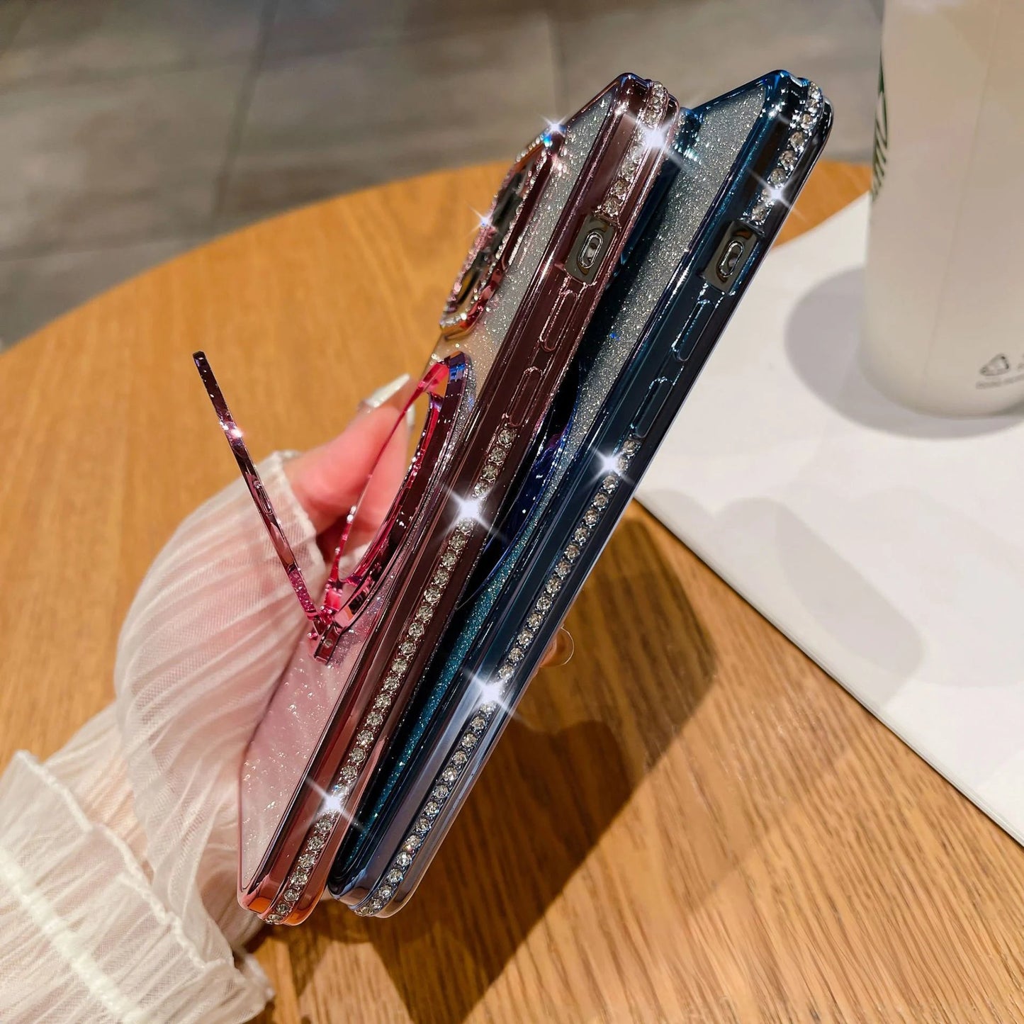 📲✨Ochranné pouzdro na iPhone s make-up zrcadlem a gradientními třpytkami