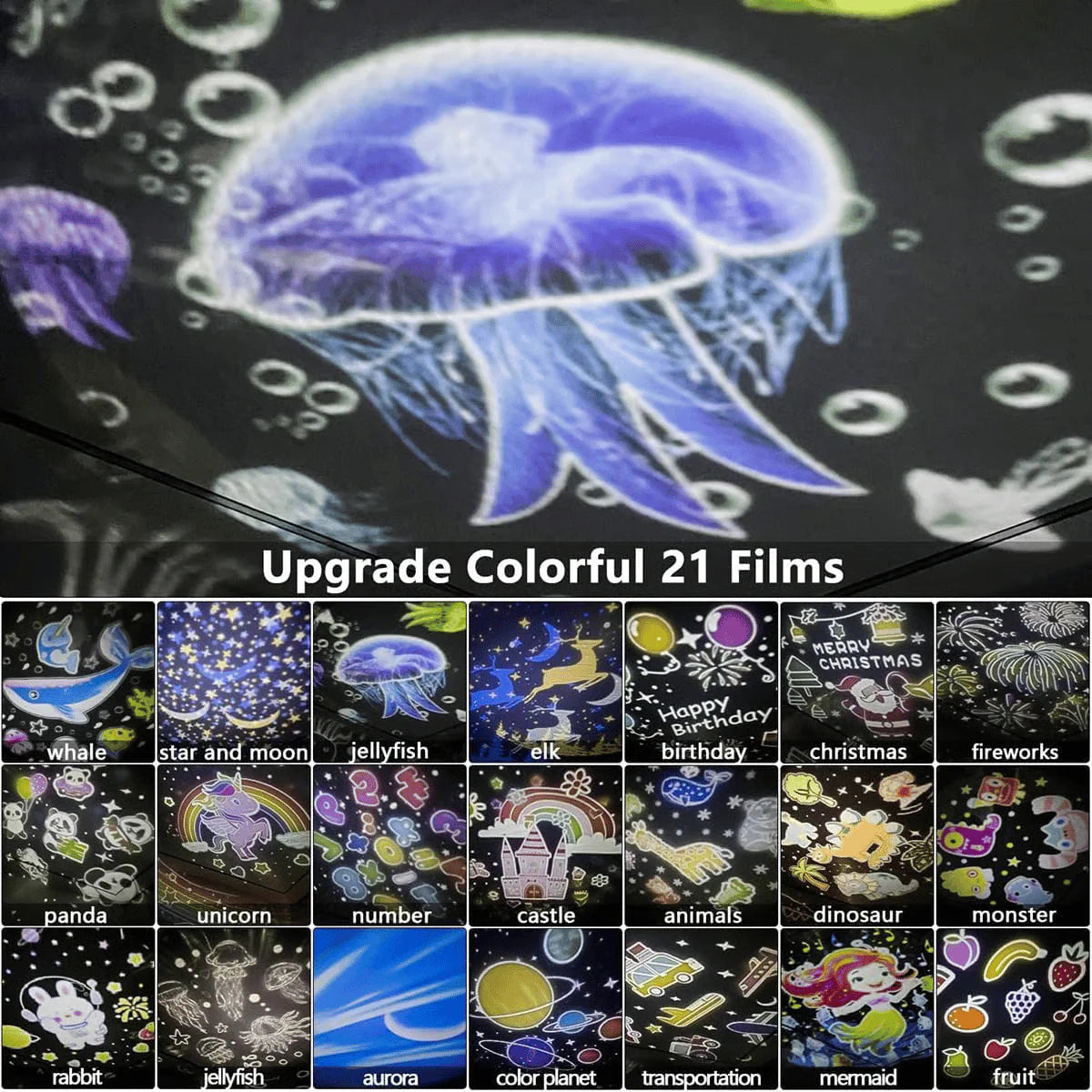 Dětský noční projektor s 15 filmy, nabíjení přes USB-C