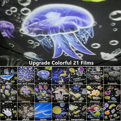 Dětský noční projektor s 15 filmy, nabíjení přes USB-C