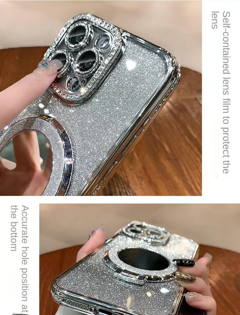 📲✨Ochranné pouzdro na iPhone s make-up zrcadlem a gradientními třpytkami