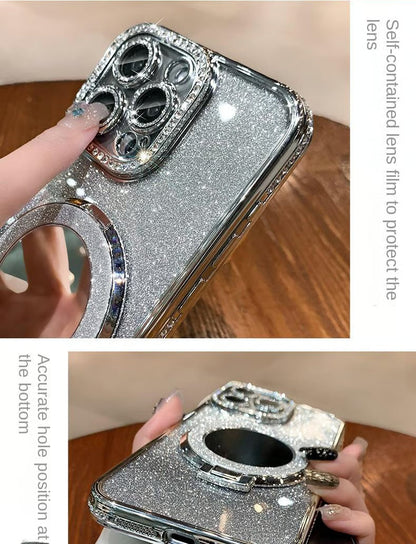 📲✨Ochranné pouzdro na iPhone s make-up zrcadlem a gradientními třpytkami