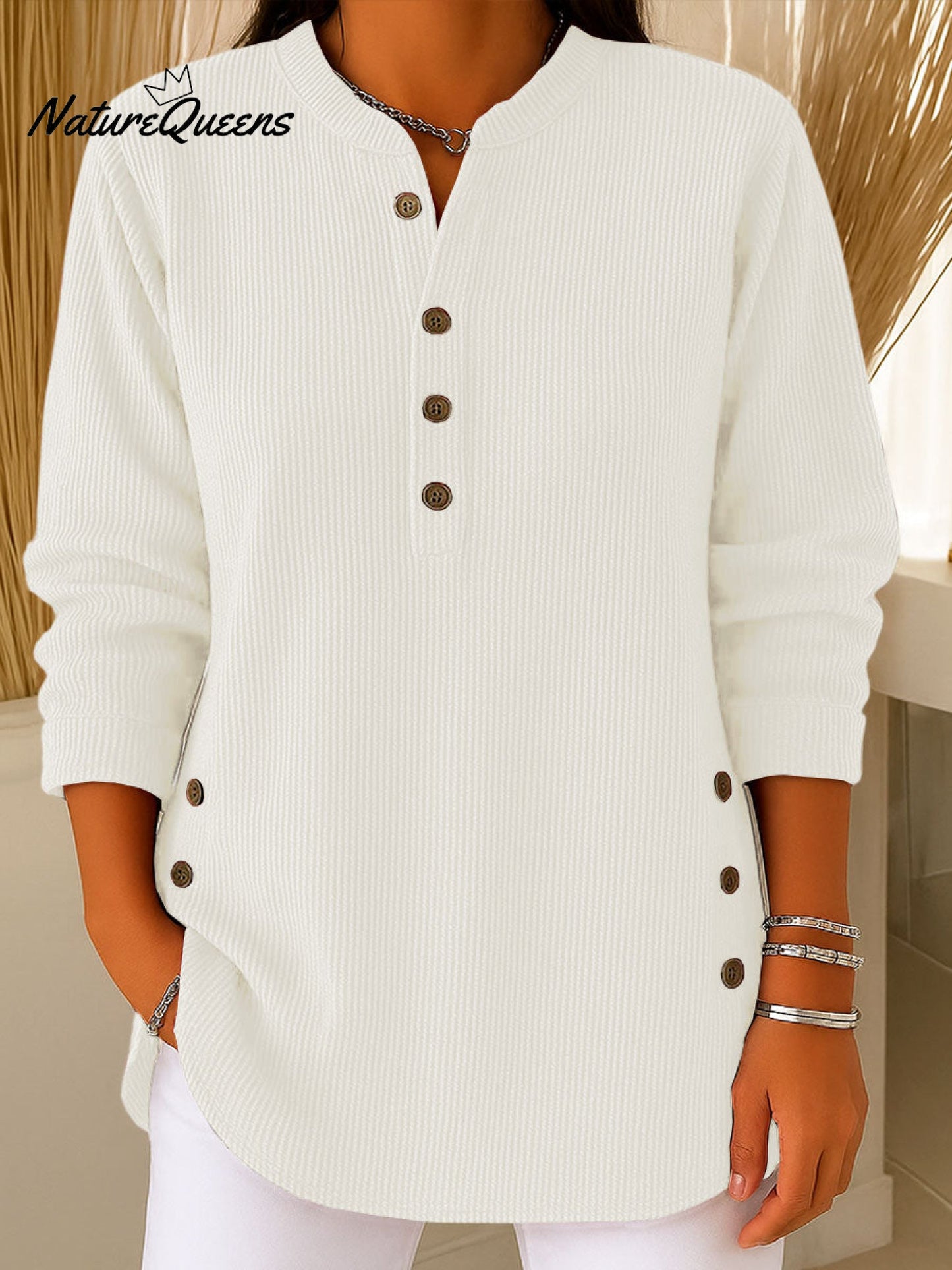 Dámský volný pletený svetr s dlouhým rukávem a jednobarevným vzorem