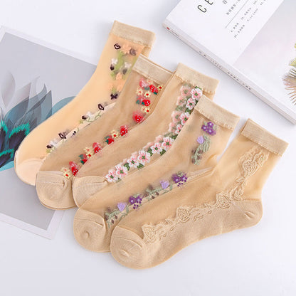 Elegantní, průhledné kotníkové ponožky s květinovou výšivkou