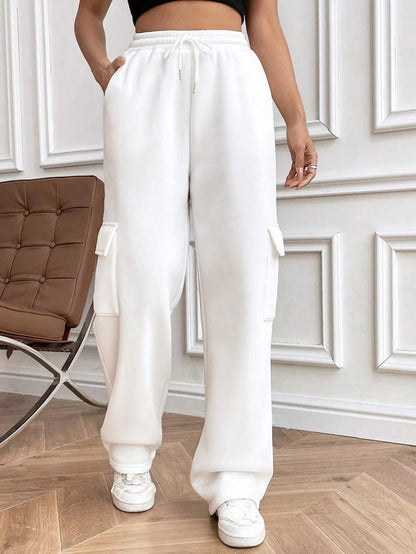 Módní univerzální jednobarevné tepláky s rovnými nohavicemi a širokými nohavicemi s bočními kapsami👖