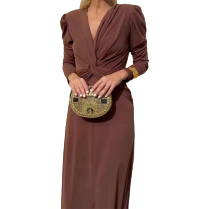 Rochie lungă elegantă pentru femei, cu decolteu în V și față răsucită