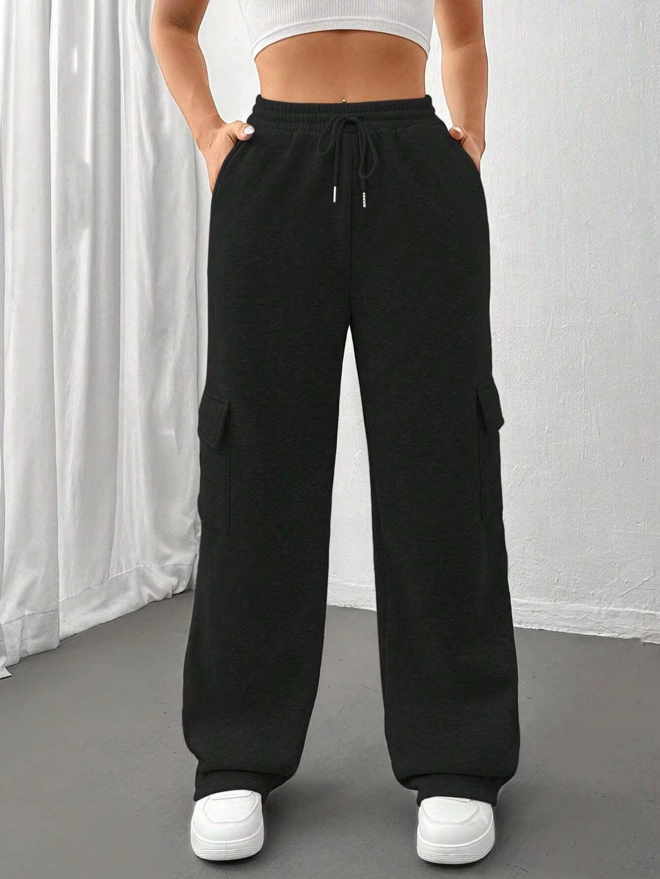 Módní univerzální jednobarevné tepláky s rovnými nohavicemi a širokými nohavicemi s bočními kapsami👖