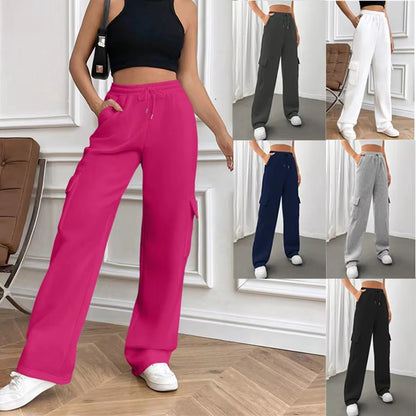 Módní univerzální jednobarevné tepláky s rovnými nohavicemi a širokými nohavicemi s bočními kapsami👖