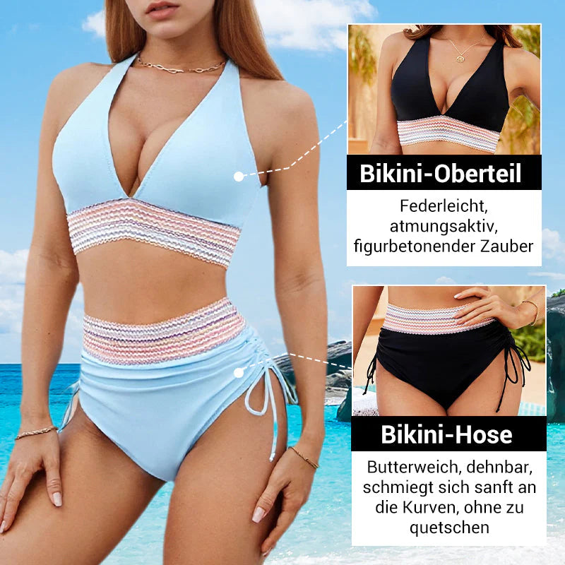 Bikiny s vysokým pasem, regulací bříška a designem barevných bloků