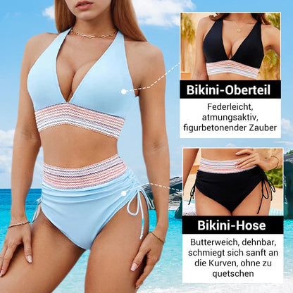 Bikiny s vysokým pasem, regulací bříška a designem barevných bloků