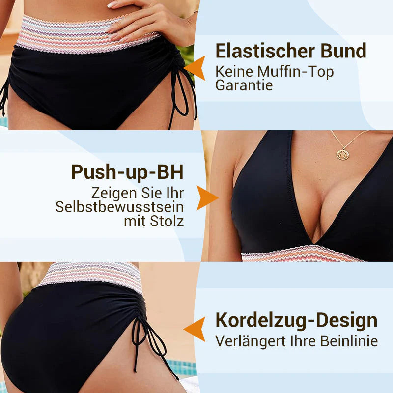 Bikiny s vysokým pasem, regulací bříška a designem barevných bloků