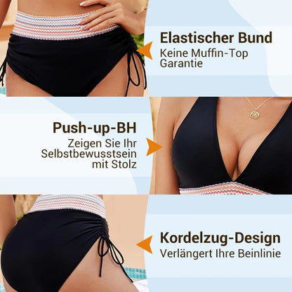 Bikiny s vysokým pasem, regulací bříška a designem barevných bloků