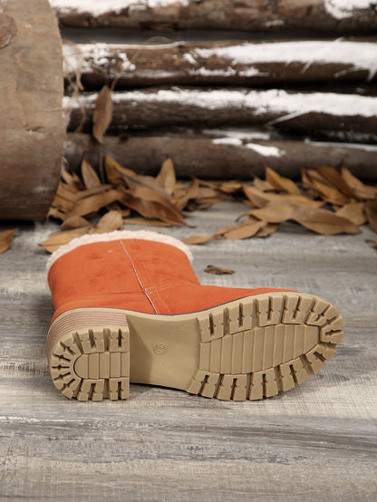 Teplé plyšové semišové sněhové holínky s hrubým podpatkem do poloviny lýtek