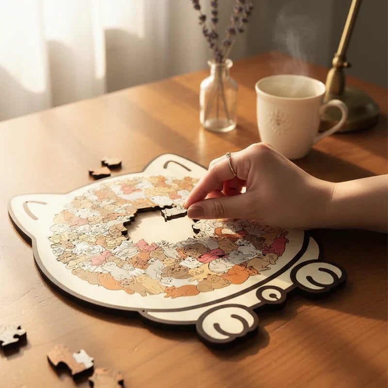 🎅🎄 135 darabos, Morandi-színekkel festett, macska alakú fa kirakós játék🐱🎁