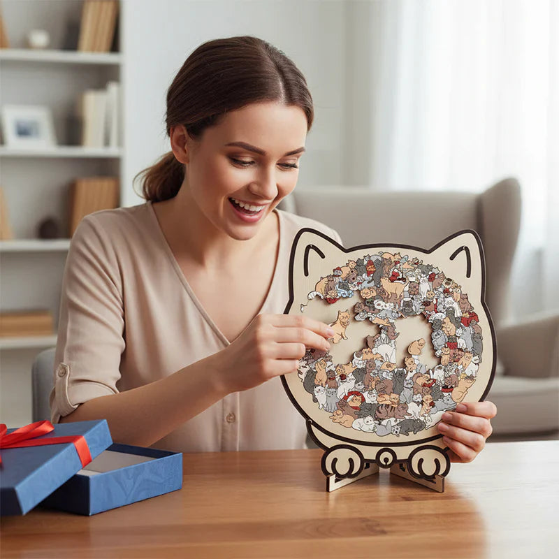 🎅🎄 135 darabos, Morandi-színekkel festett, macska alakú fa kirakós játék🐱🎁
