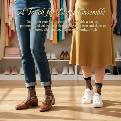 Elegantní, průhledné kotníkové ponožky s květinovou výšivkou