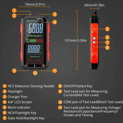 Dobíjecí digitální multimetr s USB – True RMS, automatické přepínání rozsahu a podsvícený LCD displej, CAT III 1000V