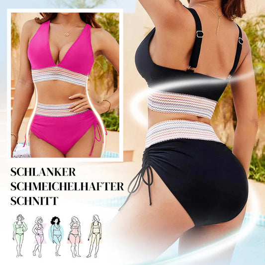 Bikiny s vysokým pasem, regulací bříška a designem barevných bloků