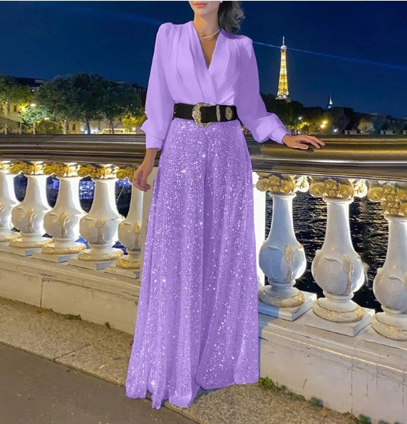 Elegantní halenka s dlouhým rukávem a výstřihem do V a flitrované overalové kalhoty se širokými nohavicemi