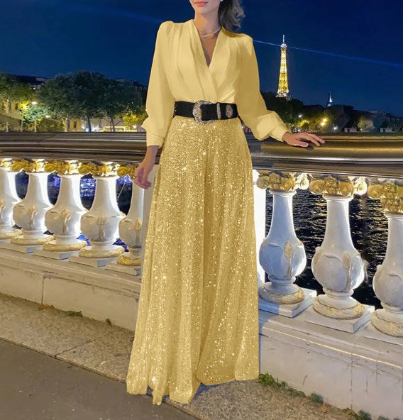 Elegantní halenka s dlouhým rukávem a výstřihem do V a flitrované overalové kalhoty se širokými nohavicemi