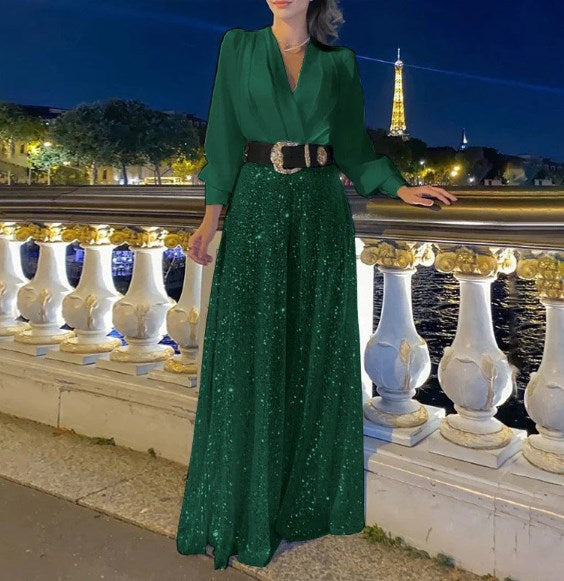 Elegantní halenka s dlouhým rukávem a výstřihem do V a flitrované overalové kalhoty se širokými nohavicemi