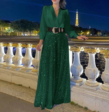 Elegantní halenka s dlouhým rukávem a výstřihem do V a flitrované overalové kalhoty se širokými nohavicemi