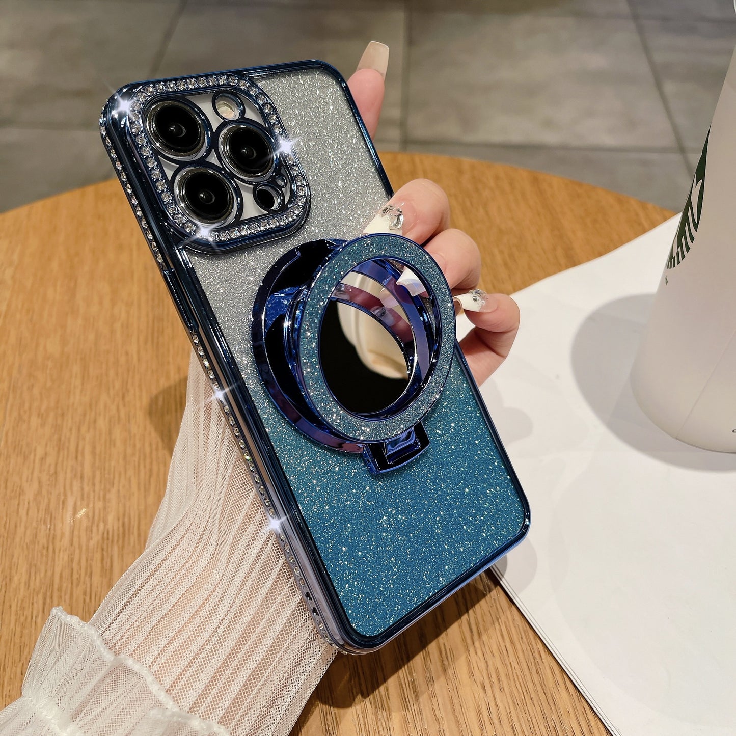 📲✨Ochranné pouzdro na iPhone s make-up zrcadlem a gradientními třpytkami