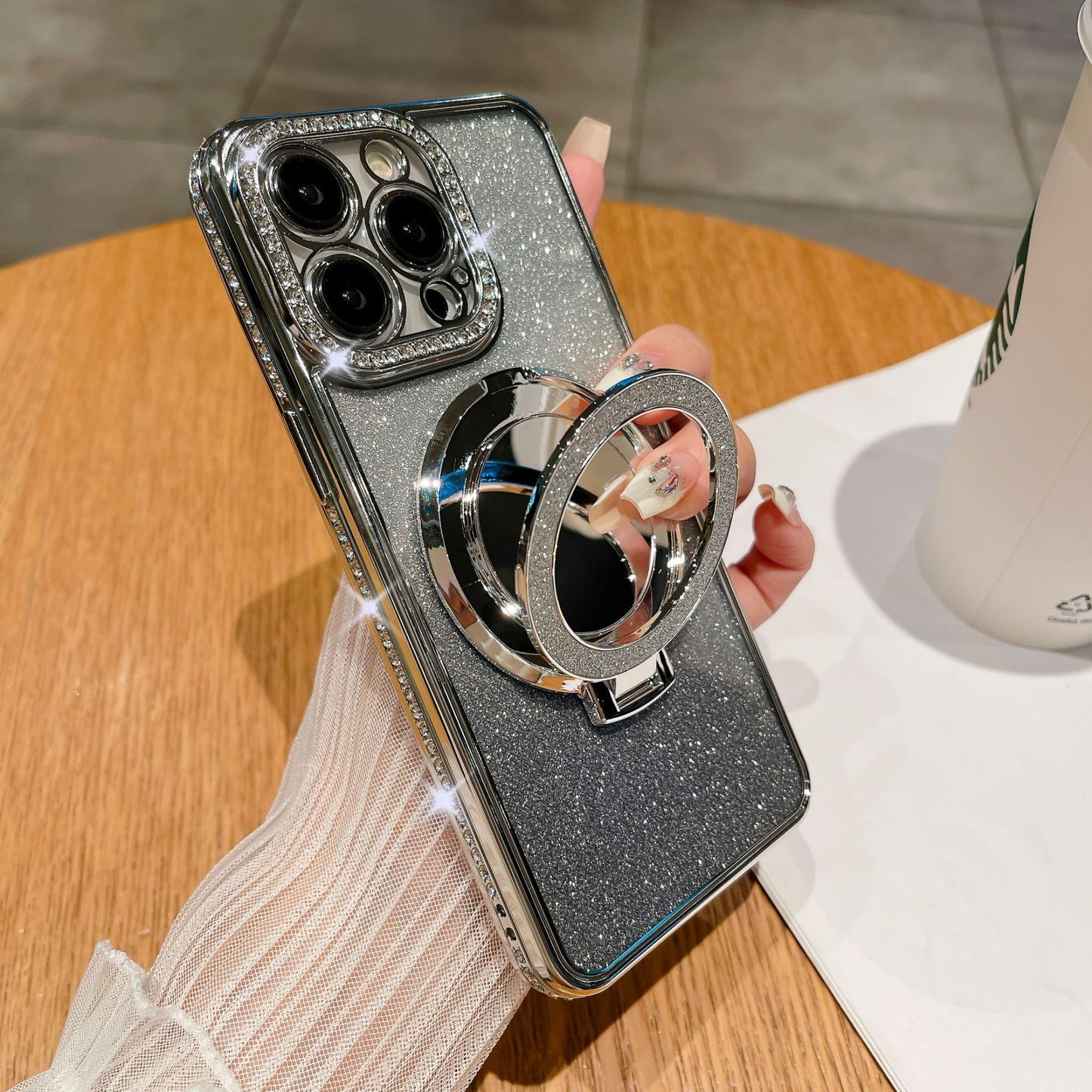 📲✨Ochranné pouzdro na iPhone s make-up zrcadlem a gradientními třpytkami