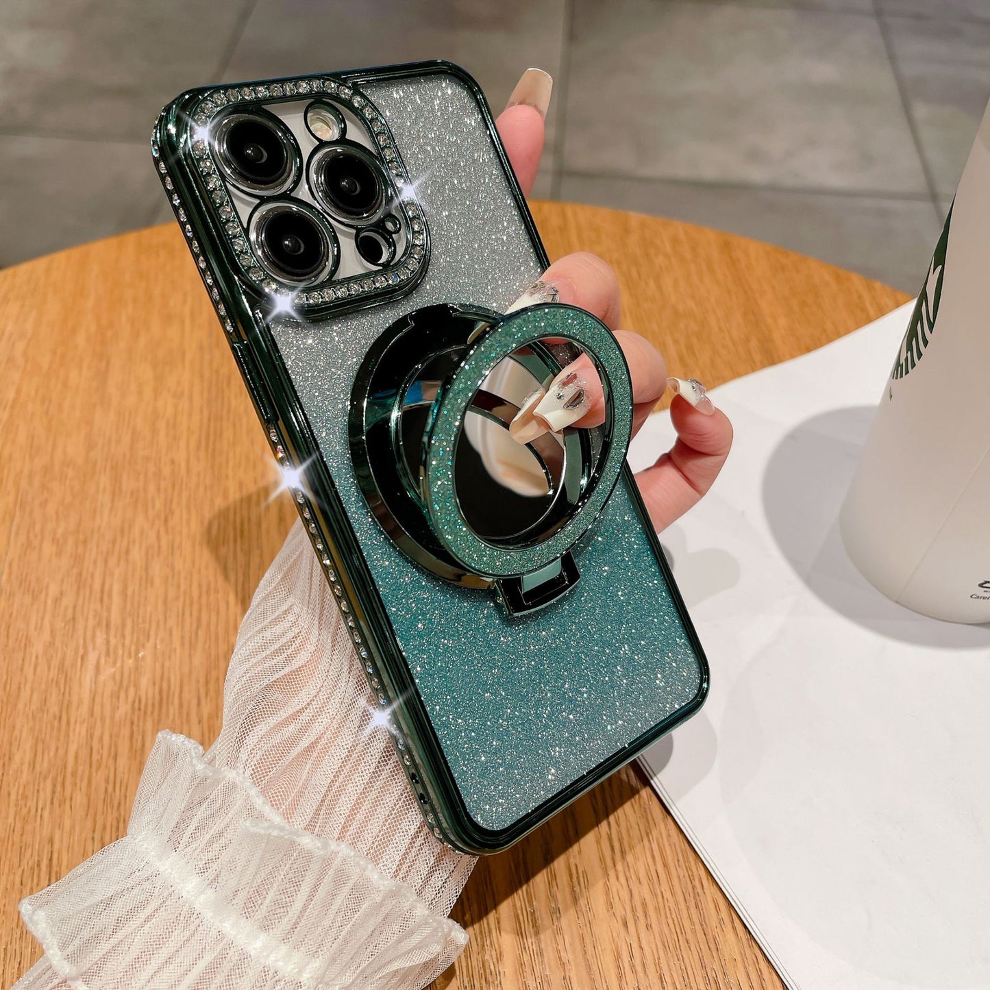 📲✨Ochranné pouzdro na iPhone s make-up zrcadlem a gradientními třpytkami