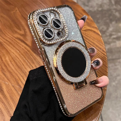 📲✨Ochranné pouzdro na iPhone s make-up zrcadlem a gradientními třpytkami