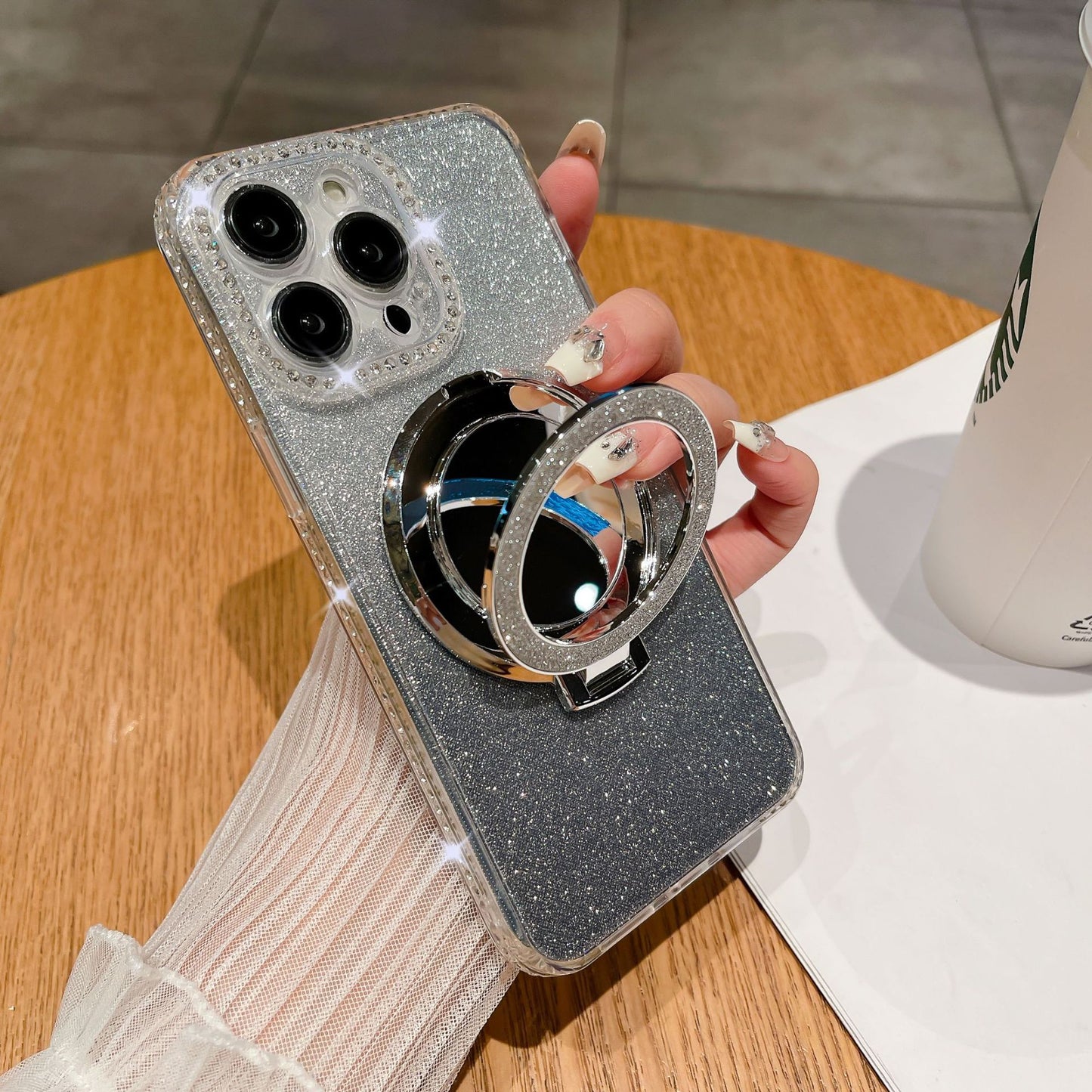 📲✨Ochranné pouzdro na iPhone s make-up zrcadlem a gradientními třpytkami