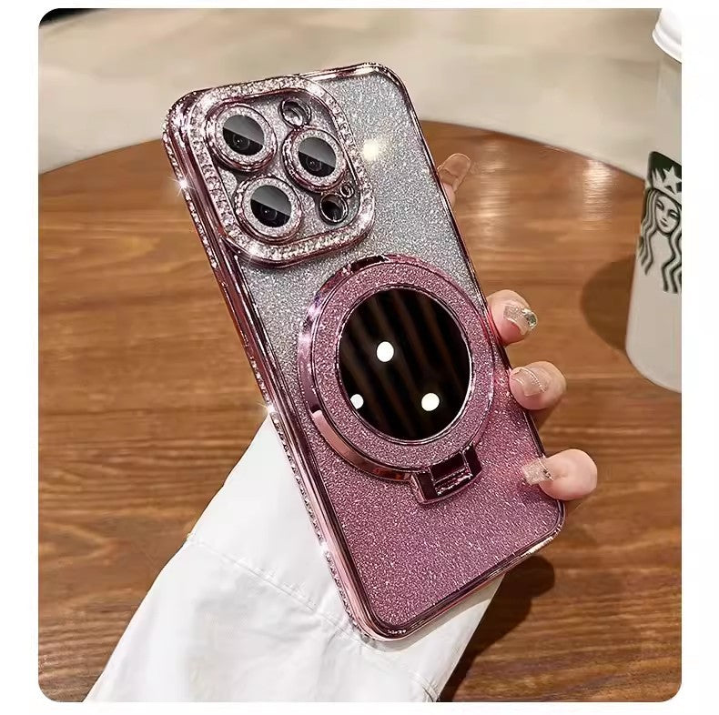 📲✨Ochranné pouzdro na iPhone s make-up zrcadlem a gradientními třpytkami