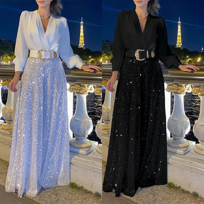 Elegantní halenka s dlouhým rukávem a výstřihem do V a flitrované overalové kalhoty se širokými nohavicemi
