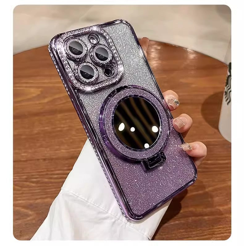 📲✨Ochranné pouzdro na iPhone s make-up zrcadlem a gradientními třpytkami