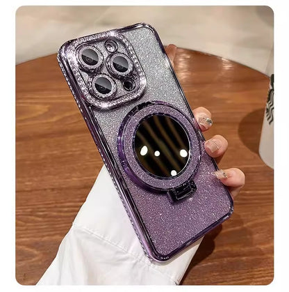📲✨Ochranné pouzdro na iPhone s make-up zrcadlem a gradientními třpytkami
