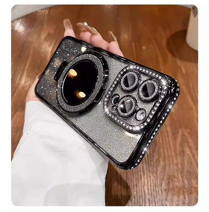 📲✨Ochranné pouzdro na iPhone s make-up zrcadlem a gradientními třpytkami